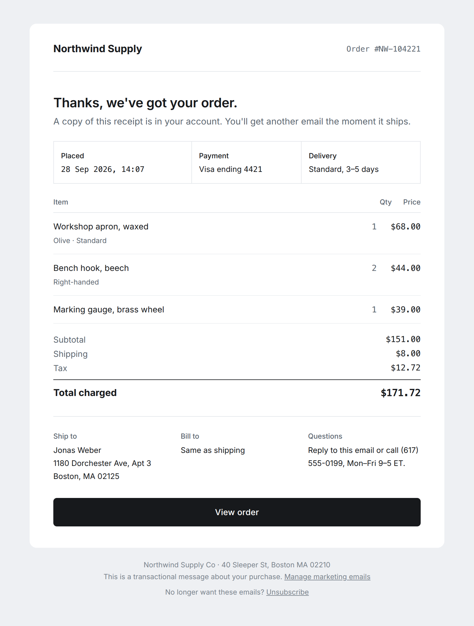 Receipt email template